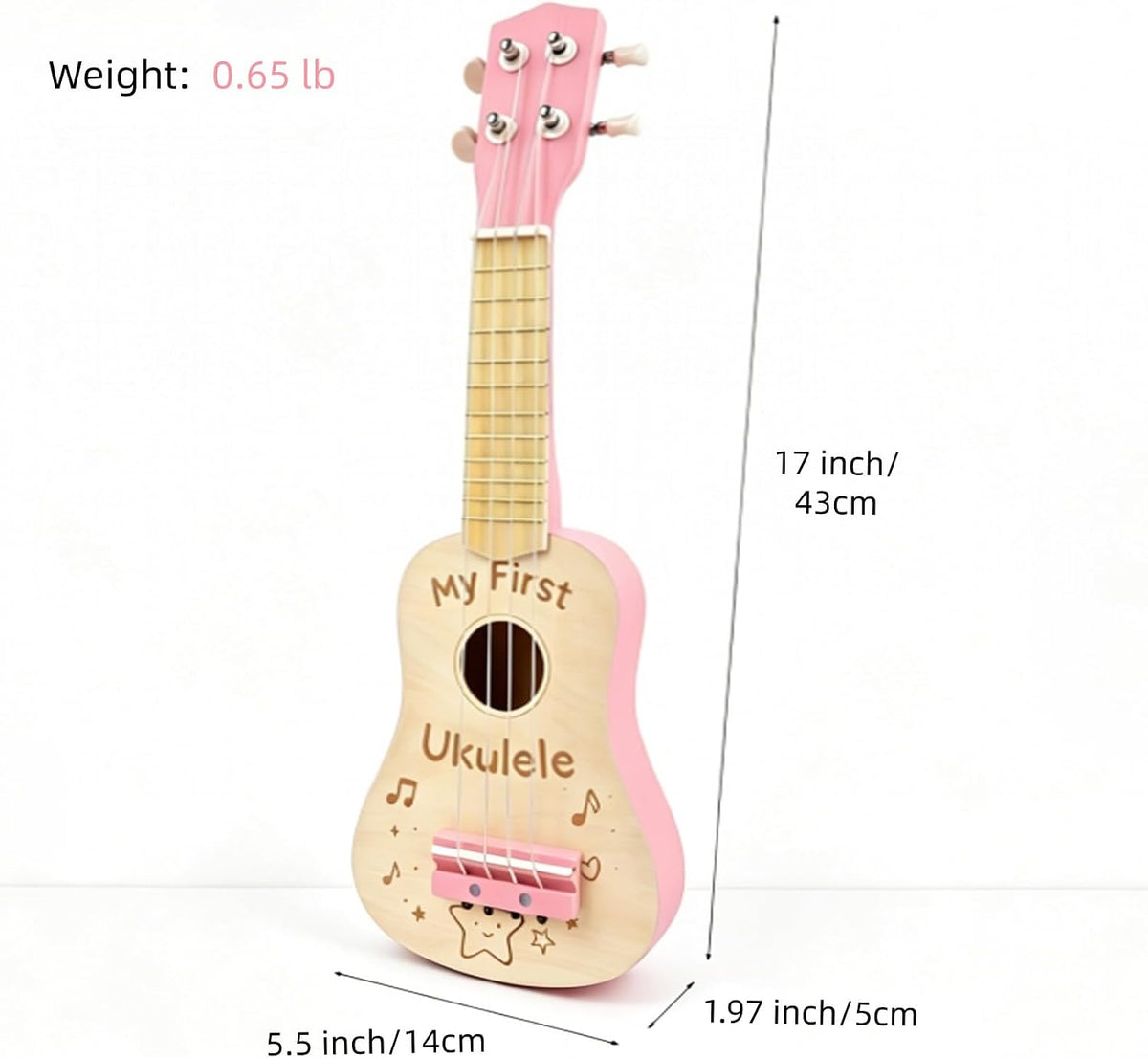 Ukulele de Madera para Niños de 17 Pulgadas, Rosa