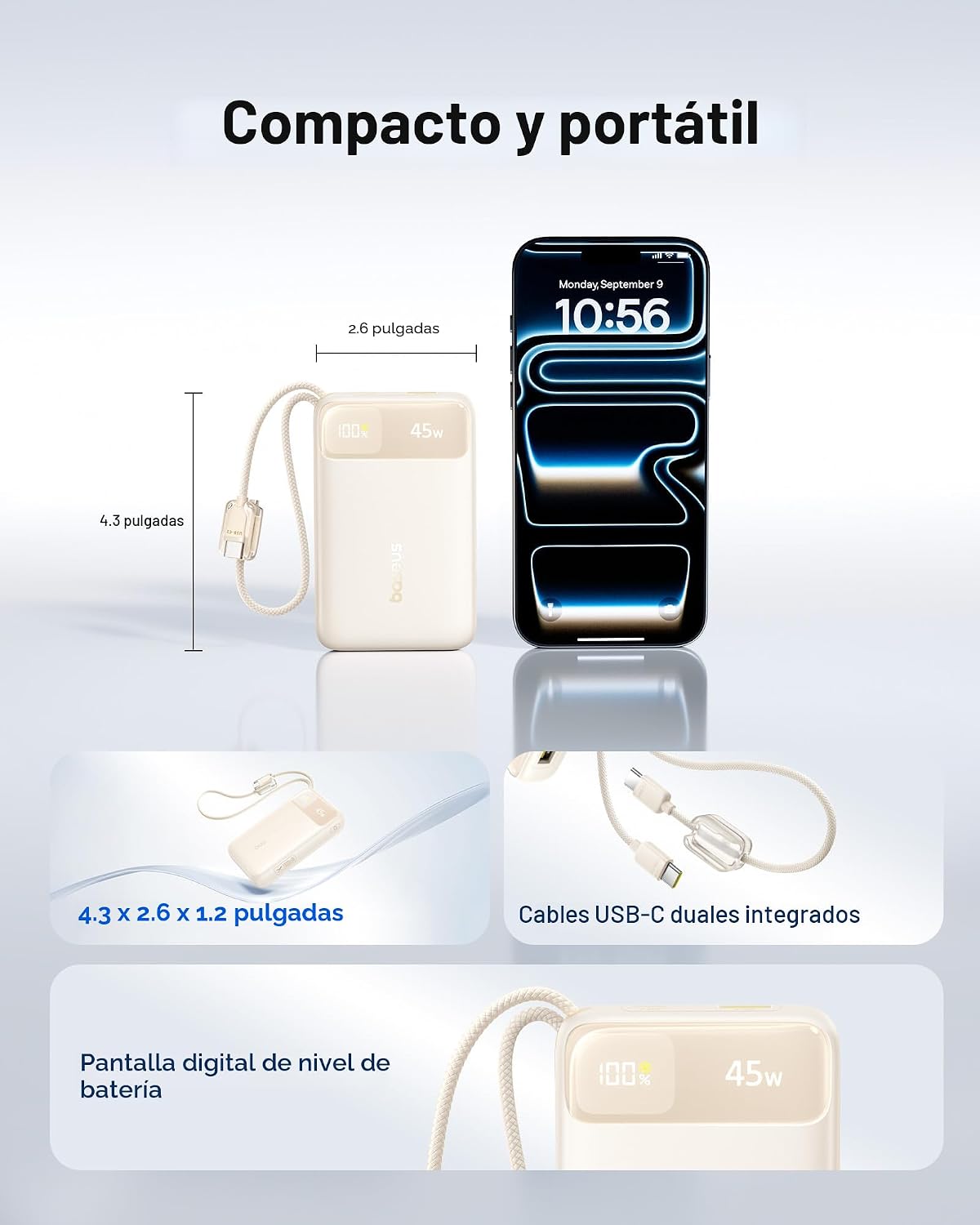 Baseus Cargador portátil compacto de 20000 mAh de 45 W, banco de en...