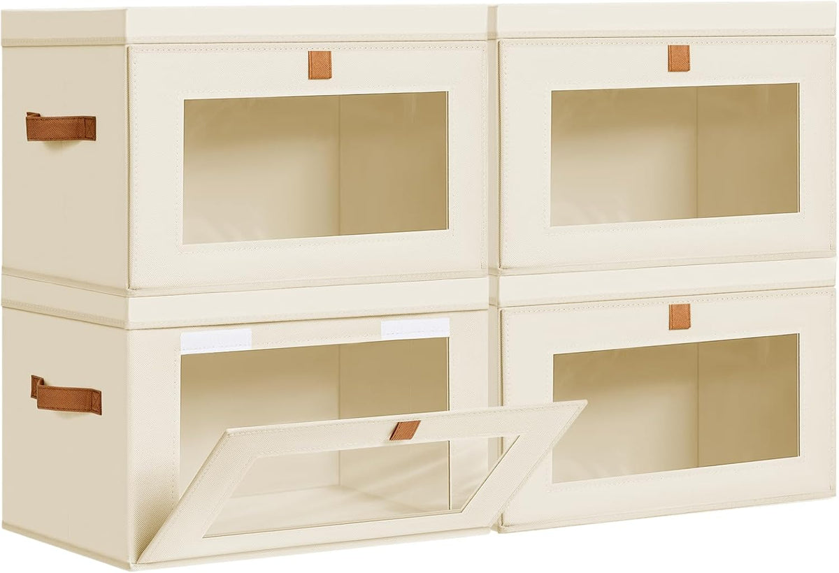 DIMJ - Contenedores de almacenamiento con tapas - Paquete de 4, grandes, de tela, organizador de armario con ventana y asas, contenedores de almacenamiento decorativos plegables para estantes debajo