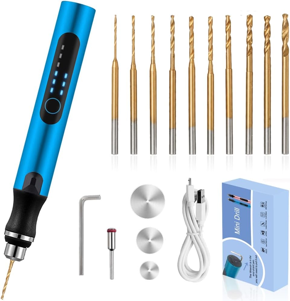 Mini taladro inalámbrico de 3 velocidades con 10 brocas pequeñas, tornillo de banco eléctrico recargable, juego de brocas de resina para fabricación de joyas, resina, plástico, madera, llaveros (azul)