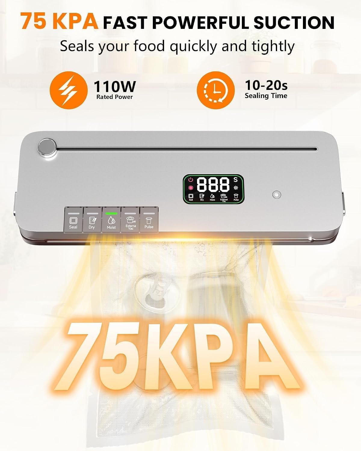 Máquina selladora al vacío de alimentos 7 en 1 75kPa, sellador de cocina