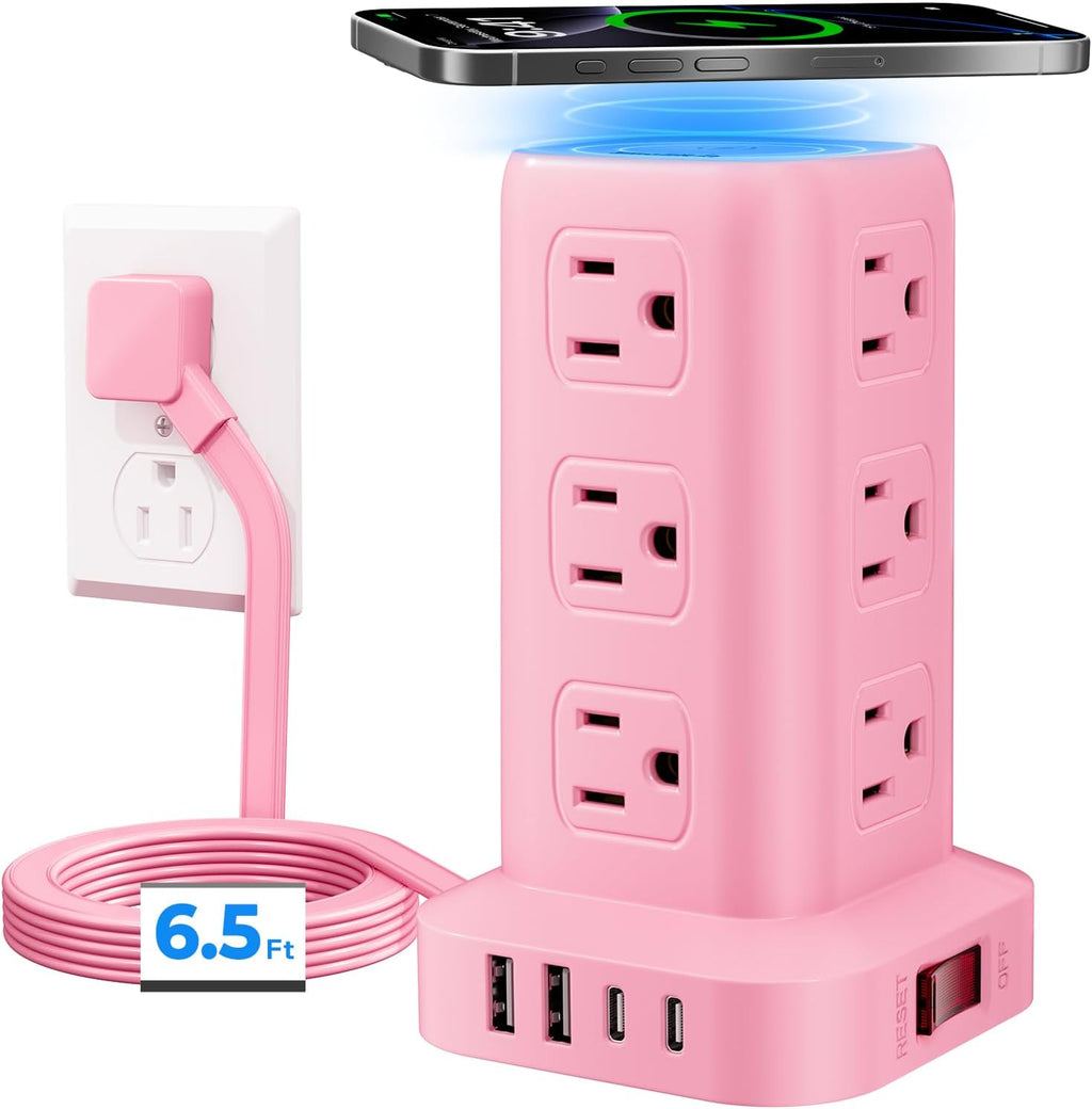 Regleta de alimentación rosa con 12 tomas, 4 USB (1 USB C), cable de extensión de 6.5 pies con múltiples tomas, estación de carga, torre de regleta de alimentación, suministros de escritorio de