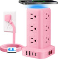 Regleta de alimentación rosa con 12 tomas, 4 USB (1 USB C), cable de extensión de 6.5 pies con múltiples tomas, estación de carga, torre de regleta de alimentación, suministros de escritorio de