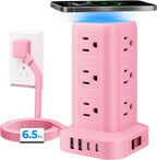 Regleta de alimentación rosa con 12 tomas, 4 USB (1 USB C), cable de extensión de 6.5 pies con múltiples tomas, estación de carga, torre de regleta de alimentación, suministros de escritorio de