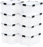 IRIS USA WeatherPro - Paquete de 8 contenedores apilables de almacenamiento de 62.8 cuartos de galón, caja de plástico con tapas de cierre herméticas y sello, transparente/negro