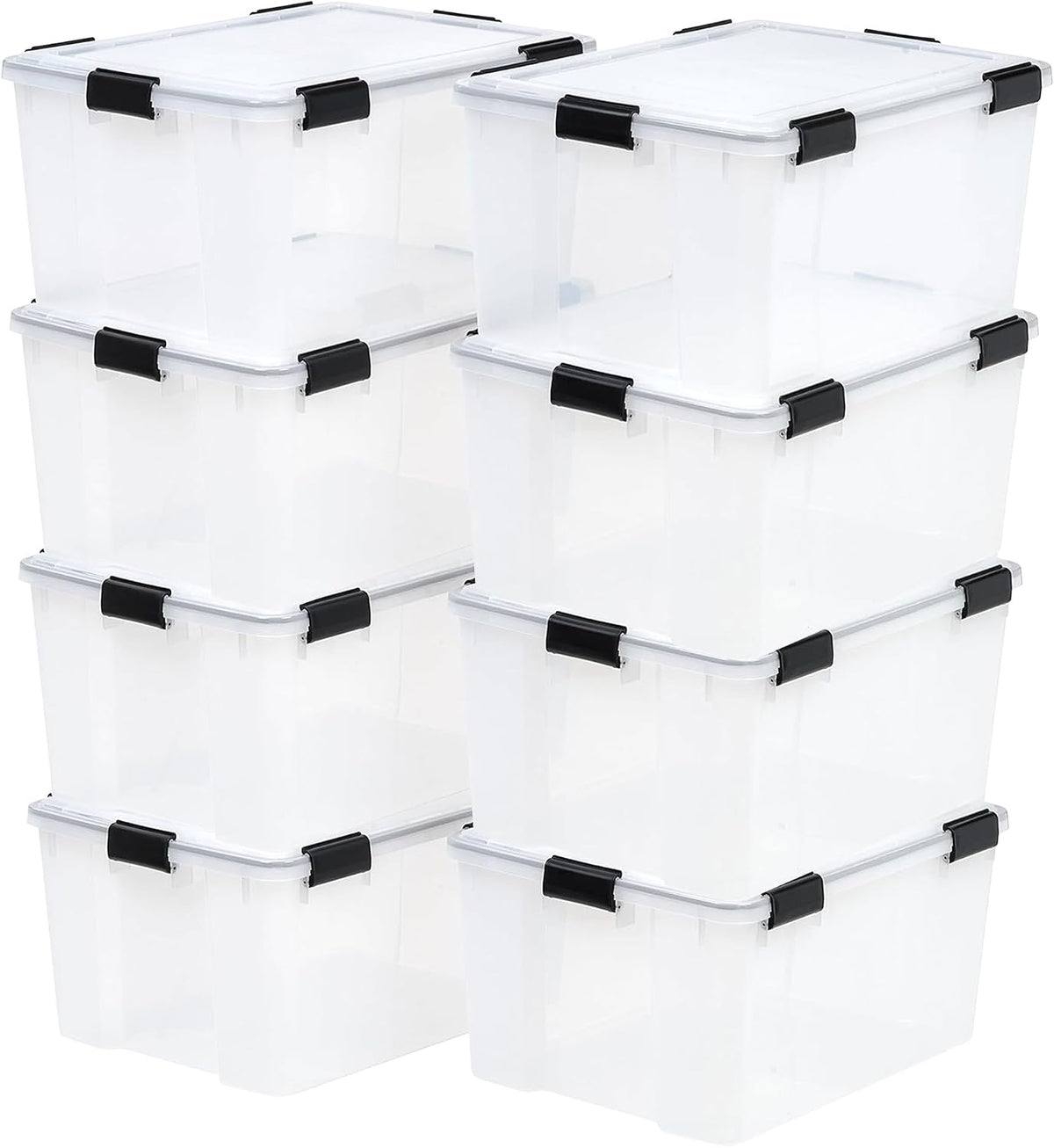 IRIS USA WeatherPro - Paquete de 8 contenedores apilables de almacenamiento de 62.8 cuartos de galón, caja de plástico con tapas de cierre herméticas y sello, transparente/negro