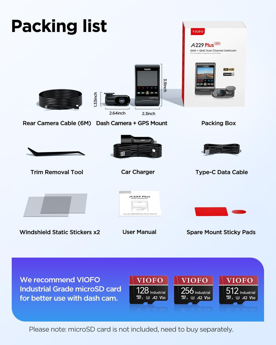 VIOFO A229 Plus Dash Cam frontal y trasera doble STARVIS 2