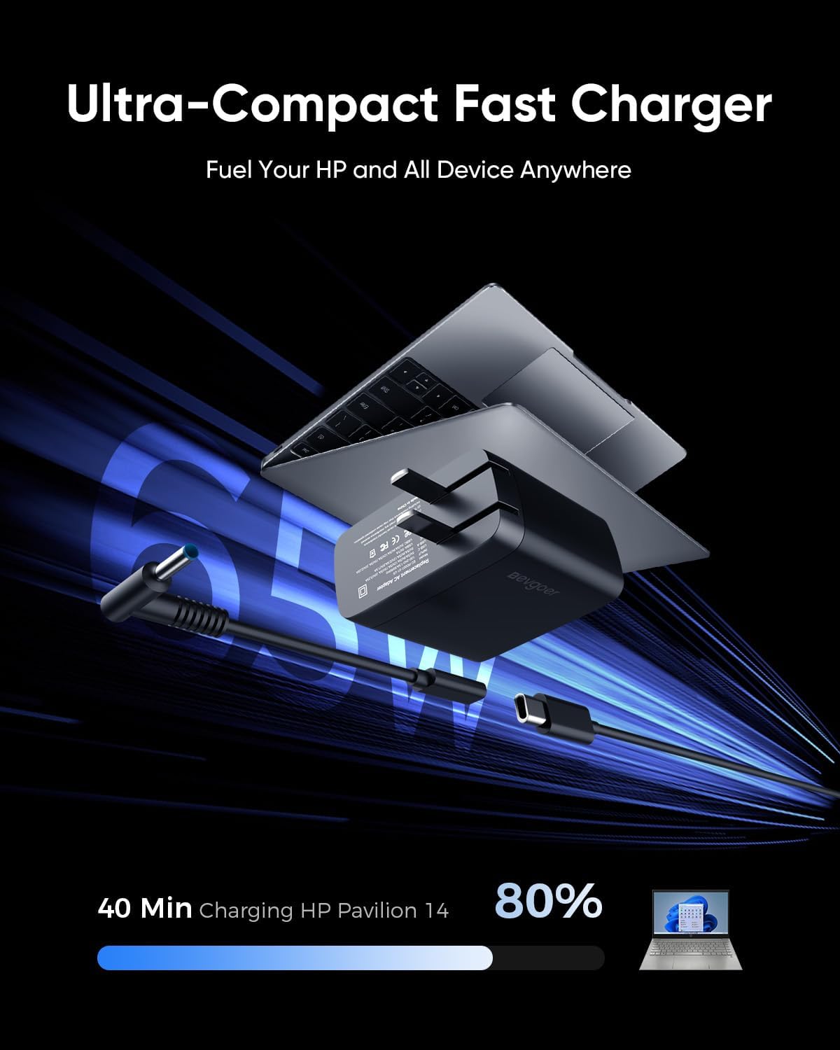 Cargador para portátil HP de 65 W con carga de dispositivo USB-C