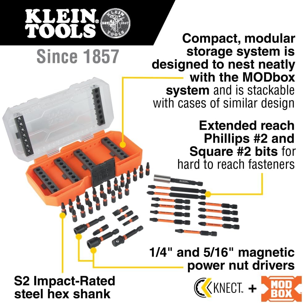 Klein Tools 33801 - Juego de puntas para controlador de impacto con llaves de tuerca magnéticas, puntas Phillips ProFlex S2 de acero, ranuradas, cuadradas, TORX con estuche, compatible con MODBox, 40