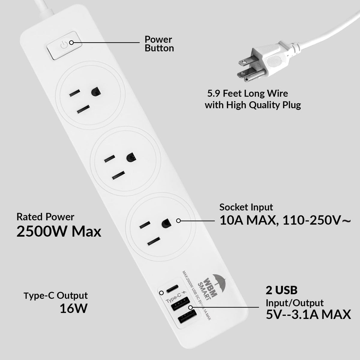 WBM SMART Regleta de alimentación de 5.9 pies 10 A - Enchufe de cable de extensión, paquete de 2 con 2 puertos USB y 1 enchufe tipo C, extensor de salida múltiple para el hogar, la oficina y el