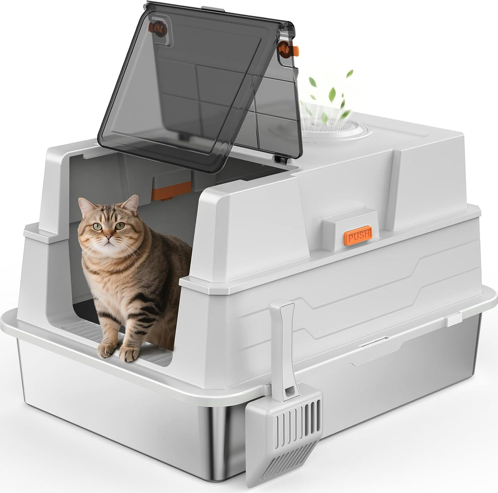 AIPERRO Caja de arena para gato de acero inoxidable cerrada extra grande con tapa - XXXL