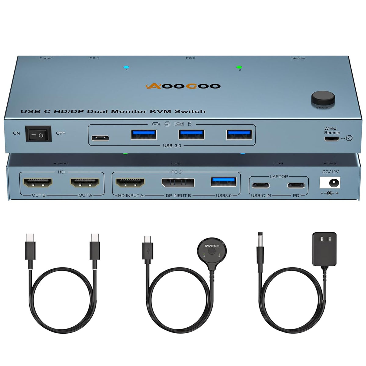 Conmutador KVM USB C 4K a 60Hz, Conmutador KVM USB C HDMI DP de doble monitor para 1 PC y 1 portátil compartido, 2 monitores y 4 dispositivos USB3.0, alimentación PD para portátil con control remoto
