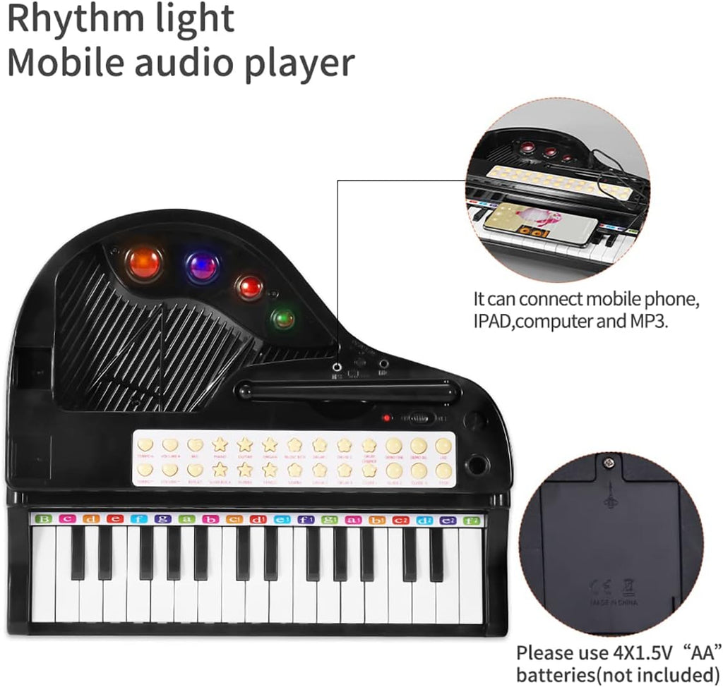 Juguete de teclado de piano para niños, instrumento musical electrónico para niños pequeños, juguete educativo con micrófono, múltiples sonidos, reproducción de grabación, luces y taburete