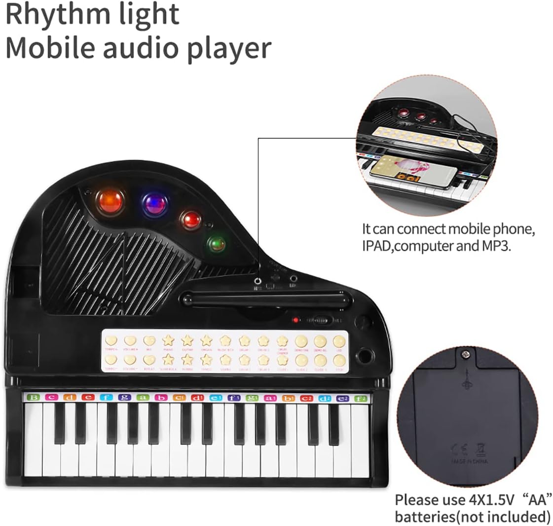 Juguete de teclado de piano para niños, instrumento musical electrónico para niños pequeños, juguete educativo con micrófono, múltiples sonidos, reproducción de grabación, luces y taburete