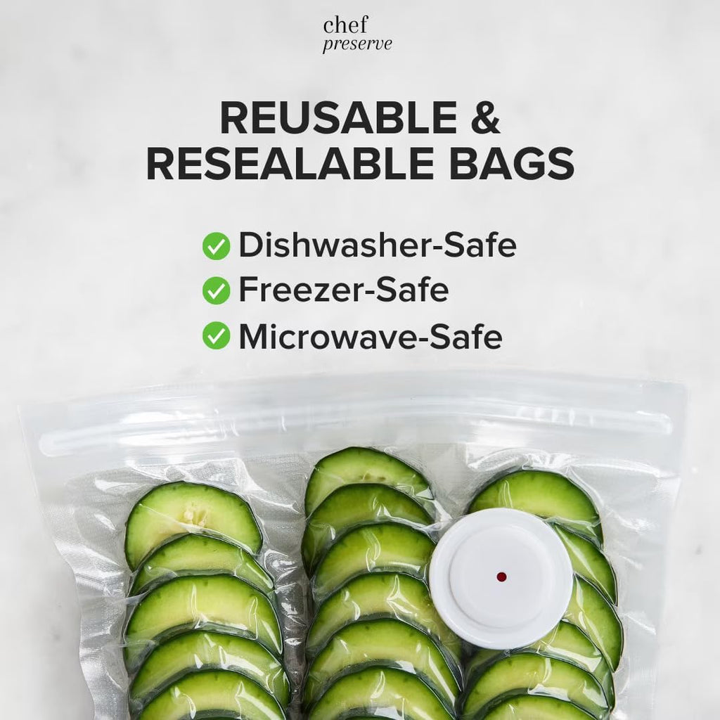 Chef Preserve Selladora al Vacío Compacta para Alimentos (Máquina Selladora al Vacío + 20 Bolsas al Vacío Reutilizables) Potente Máquina Selladora al Vacío Portátil, Selladora de Comida Portátil