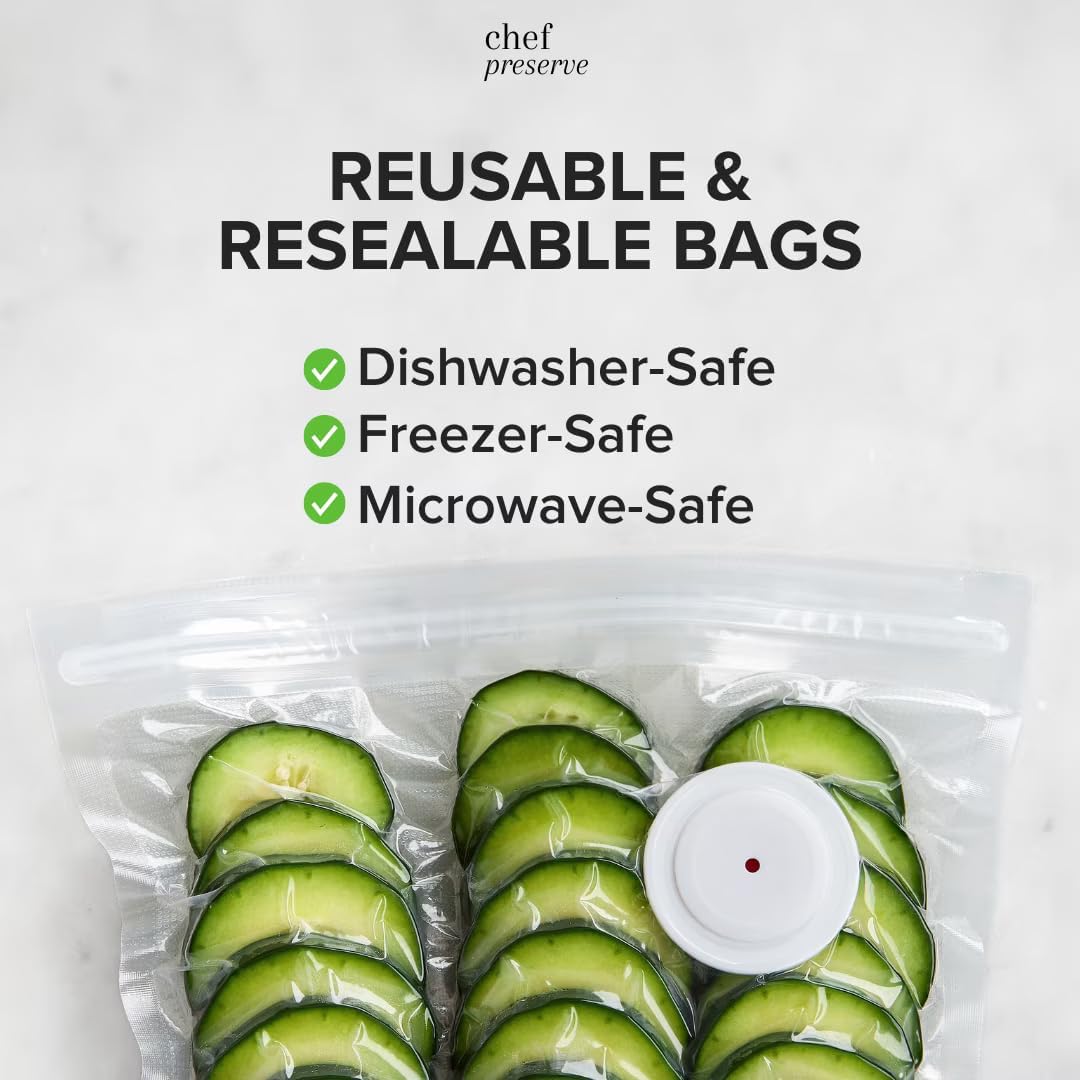 Chef Preserve Selladora al Vacío Compacta para Alimentos (Máquina Selladora al Vacío + 20 Bolsas al Vacío Reutilizables) Potente Máquina Selladora al Vacío Portátil, Selladora de Comida Portátil