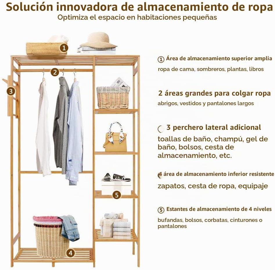 Perchero de bambú para ropa de 6 niveles, estante colgante de ropa con ganchos laterales, estante de ropa resistente, organizador portátil de armario