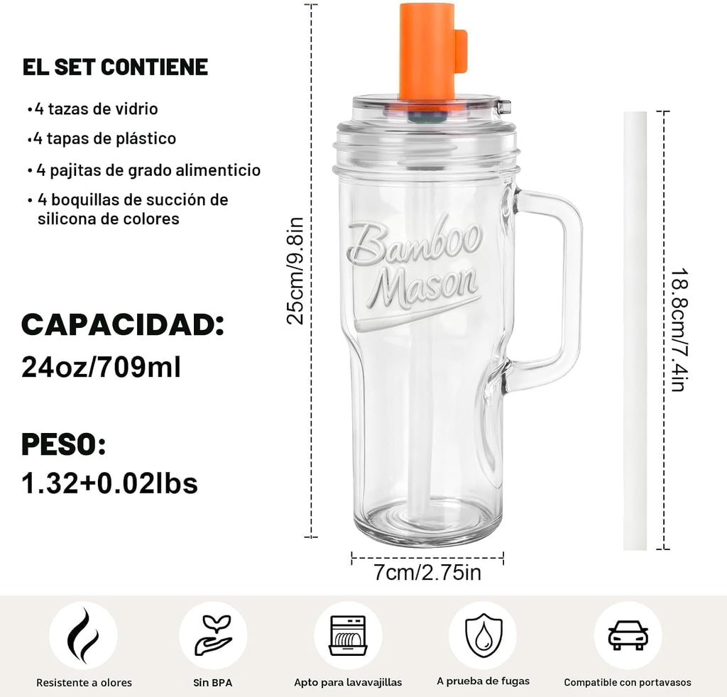 Vasos de vidrio con tapas y pajitas, vaso a prueba de fugas, vaso de café de 24 onzas, vaso de tapa a prueba de fugas, popote de silicona, reutilizable, taza de café helado, batido de café
