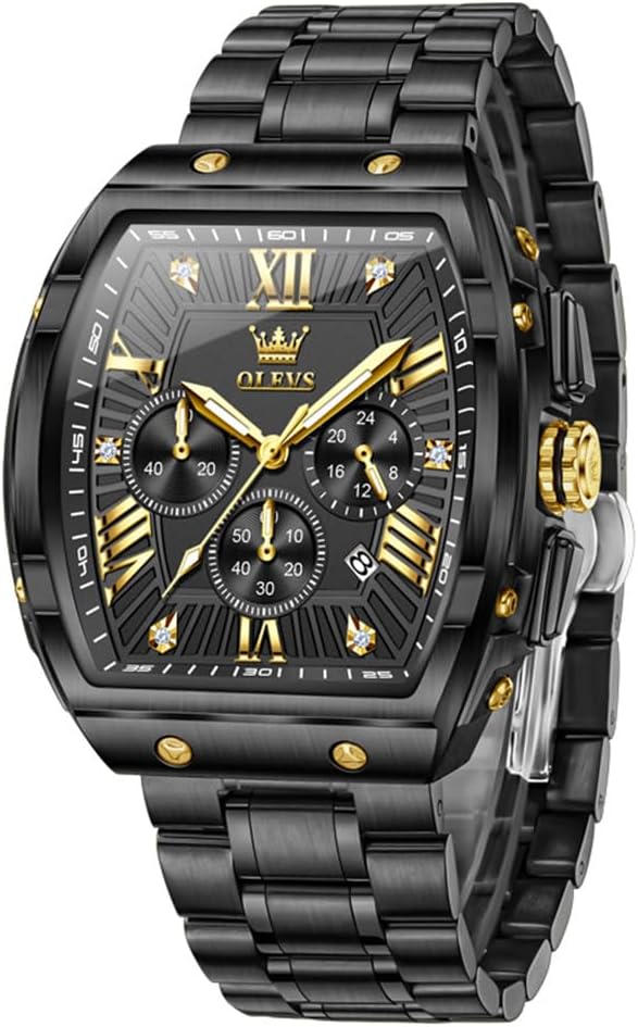 OLEVS Reloj para Hombres Analógico Cuarzo Lujo Diamante Resistente al Agua Cronógrafo Acero Inoxidable Carita Grande Cuadrado Fecha Fase Lunar Romano Relojes de Vestir para Hombres