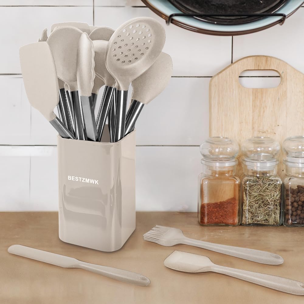 Juego de utensilios de cocina de silicona, 33 utensilios y cucharas antiadherentes, juego de espátulas de silicona y acero inoxidable, las mejores herramientas de cocina y ollas útiles, color caqui