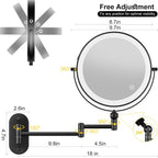 Espejo de maquillaje iluminado de pared de 9 pulgadas, espejo de aumento de doble cara recargable de 4000 mAh 1X/10X con luz, 3 luces de color, regulable al tacto, espejo de maquillaje montado en la pared con brazo extendido de rotación de 360 grados