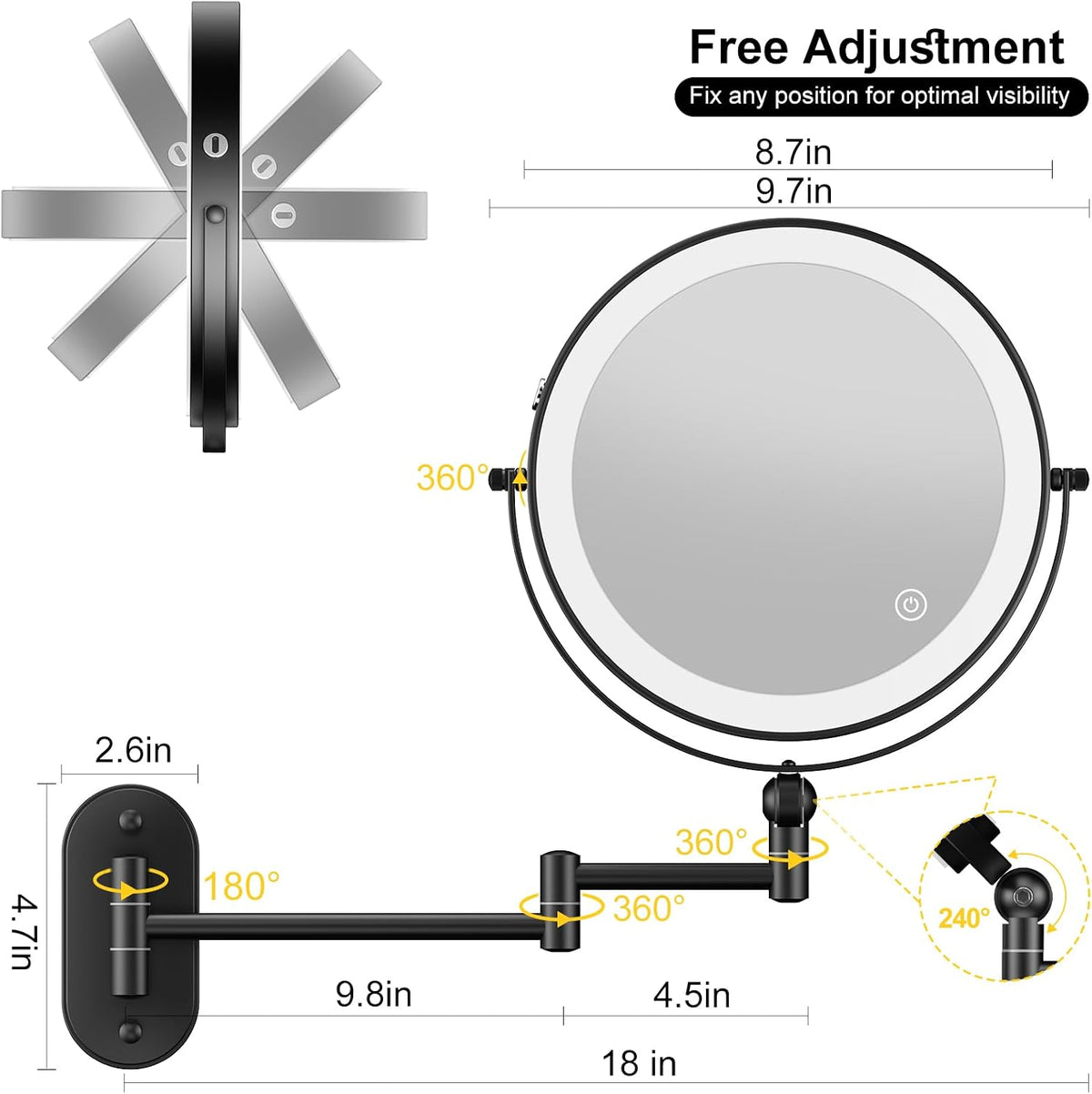 Espejo de maquillaje iluminado de pared de 9 pulgadas, espejo de aumento de doble cara recargable de 4000 mAh 1X/10X con luz, 3 luces de color, regulable al tacto, espejo de maquillaje montado en la pared con brazo extendido de rotación de 360 grados