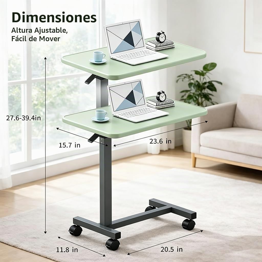 Mesa ajustable sobre cama con ruedas, color verde claro
