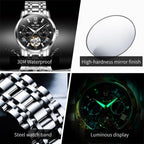 OLEVS Reloj automático para hombre de lujo en acero inoxidable con esqueleto y diamantes