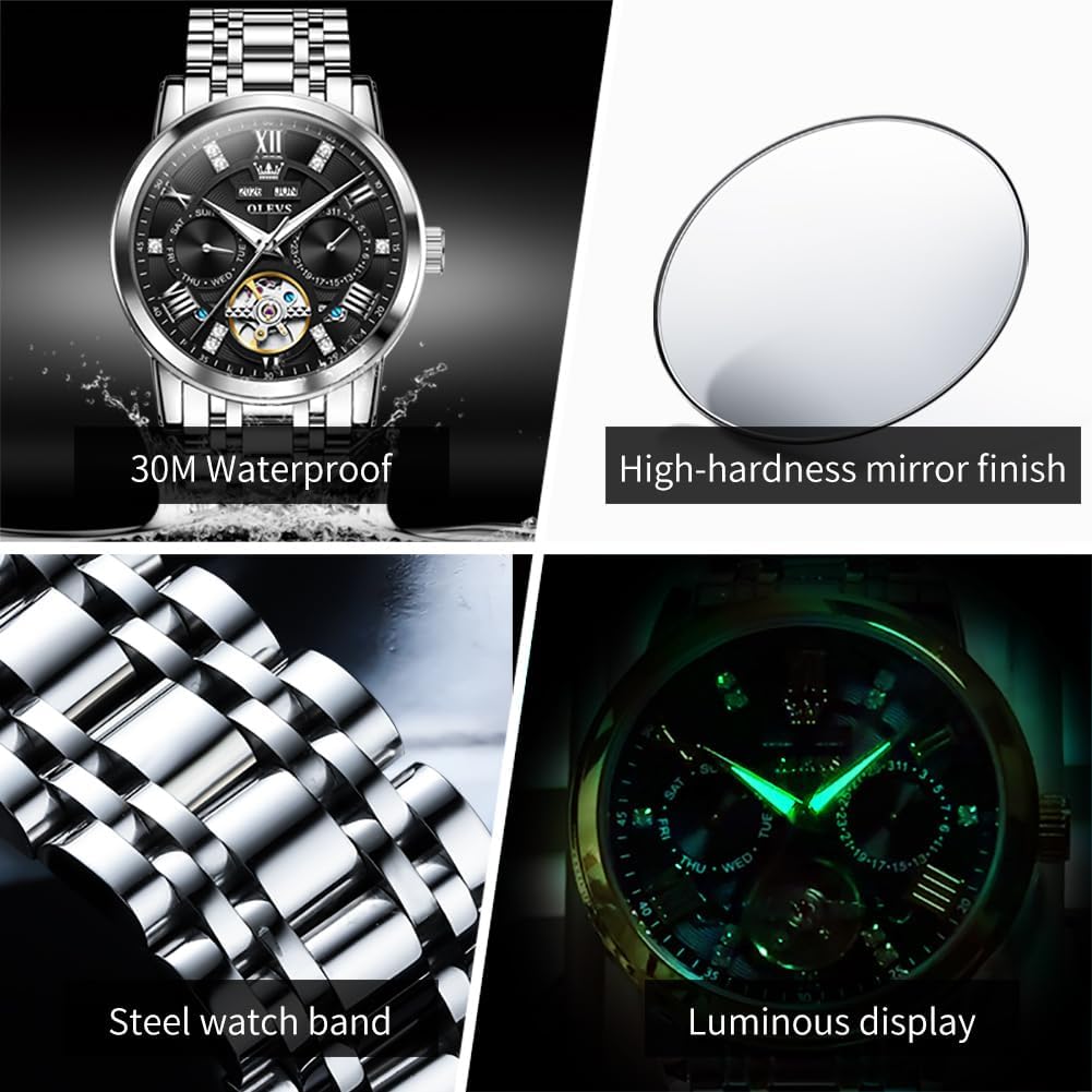 OLEVS Reloj automático para hombre de lujo en acero inoxidable con esqueleto y diamantes
