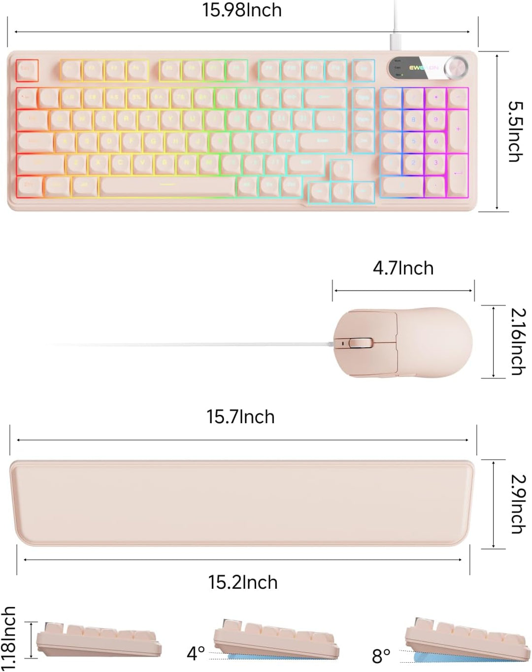 EWEADN Combo de teclado y mouse con cable con reposamuñecas desmont...