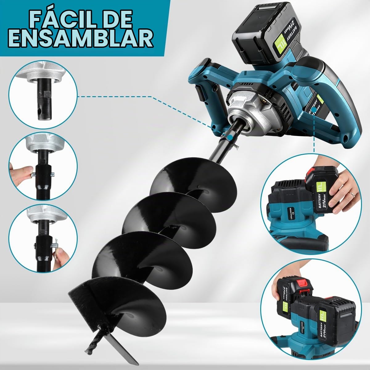 Excavadora de agujeros para postes, taladro de tierra inalámbrico, taladro eléctrico de tierra, incluye broca de 1 giro con dos baterías y un cargador, con función de avance/retroceso, para excavación