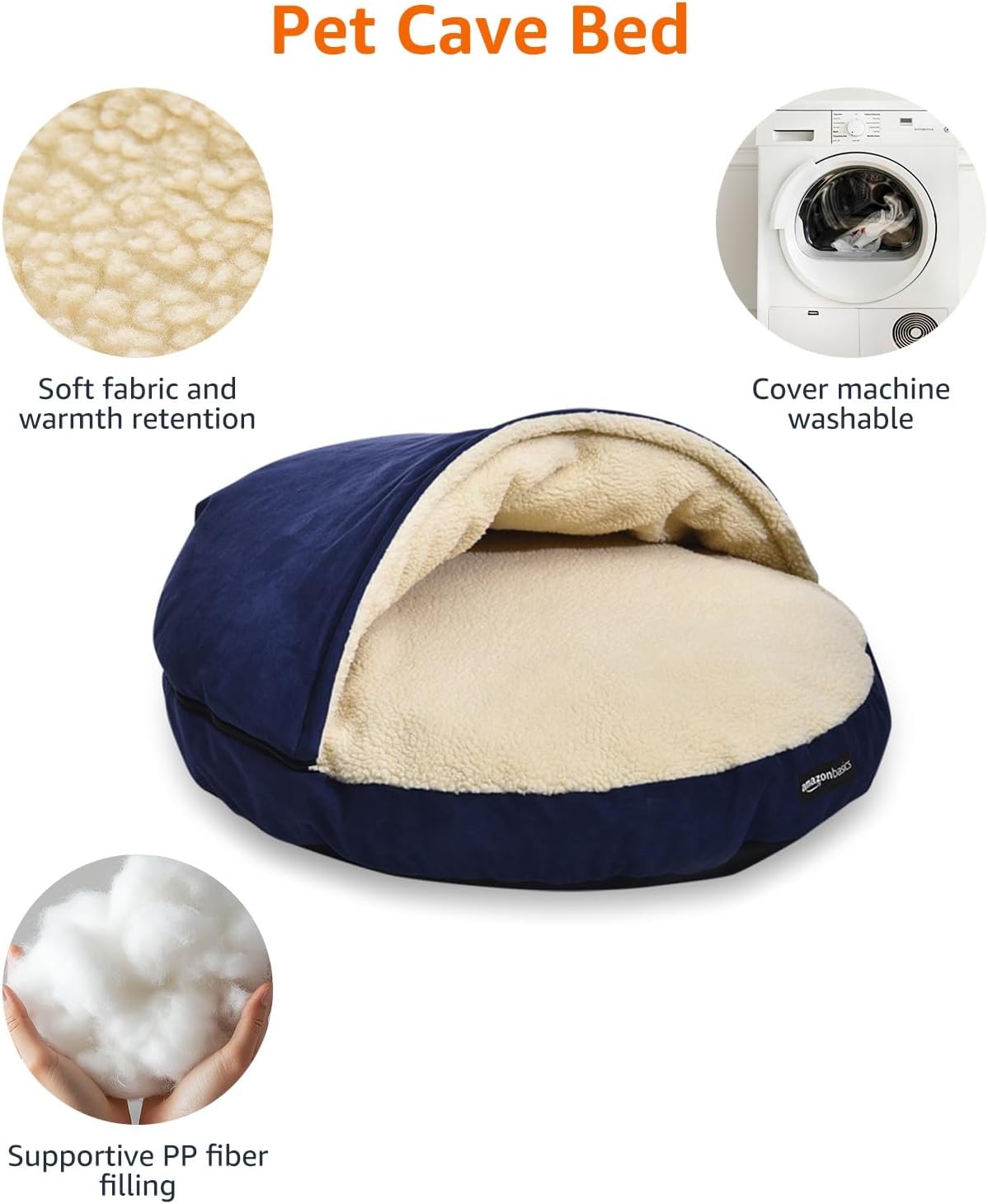 AmazonBasics - Cama tipo cueva para mascotas para perros y gatos, con cubierta extraíble para cuevas de anidación, se adapta a mascotas de hasta 30 libras, 35 x 35 x 13 pulgadas, azul