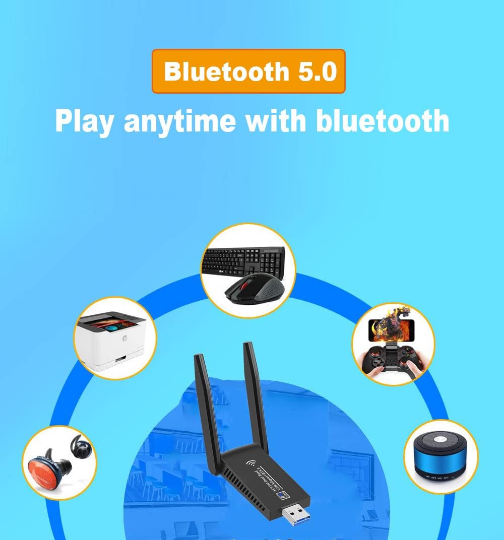 AC1300 Tarjeta de red inalámbrica WiFi de doble banda + adaptador BT 5.0 USB 3.0 1300M 802.11ac adaptador Bluetooth 5.0 con antena para computadora portátil 2.4 GHz + mini dongle de 5.8 GHz