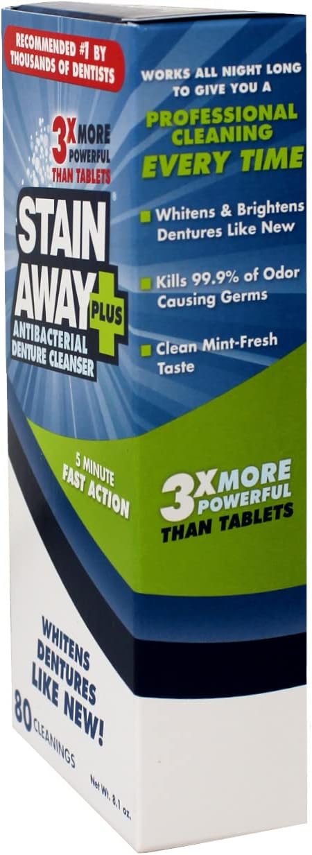 Stain Away Plus Limpiador antibacteriano para dentaduras, 3 veces m...