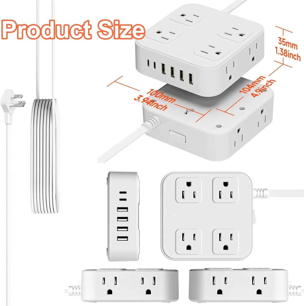 Regleta de alimentación con protector de sobretensión, 3 lados, 8 AC 6