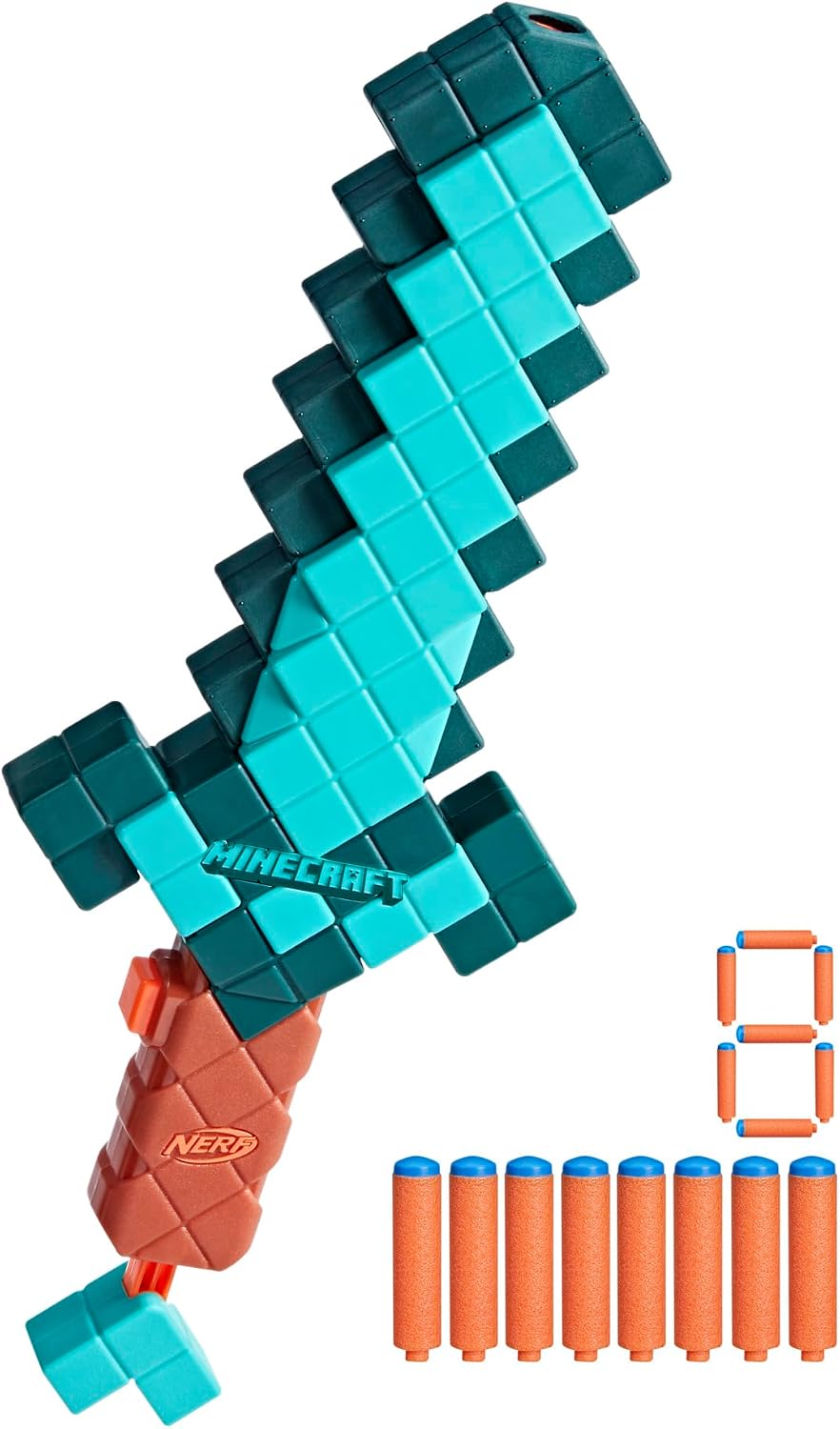 Nerf Minecraft Sword Dart Blaster, Cebado de Retroceso, Borde de Espuma, 8 Dardos N1, Edades 8+