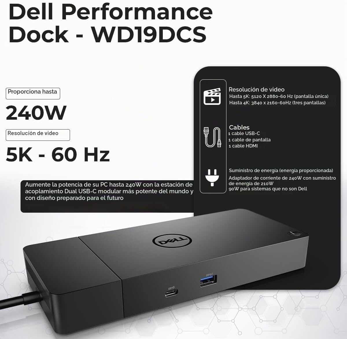 WD19DCS - Estación de acoplamiento Dell con monitor doble, pantalla 4K, base de rendimiento USB-C con adaptador de 240 W, HDMI Anyhdd, DisplayPort, cables USB-C y tela (nuevo)