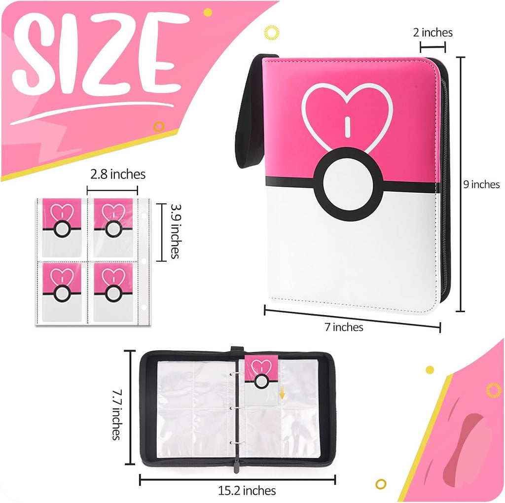 Carpeta de tarjetas de 4 bolsillos, soporte para tarjetas intercambiables para 400 tarjetas con 50 fundas extraíbles, tarjeta de colección portátil, estuche de tarjetas de juego con cremallera para regalo, color rosa