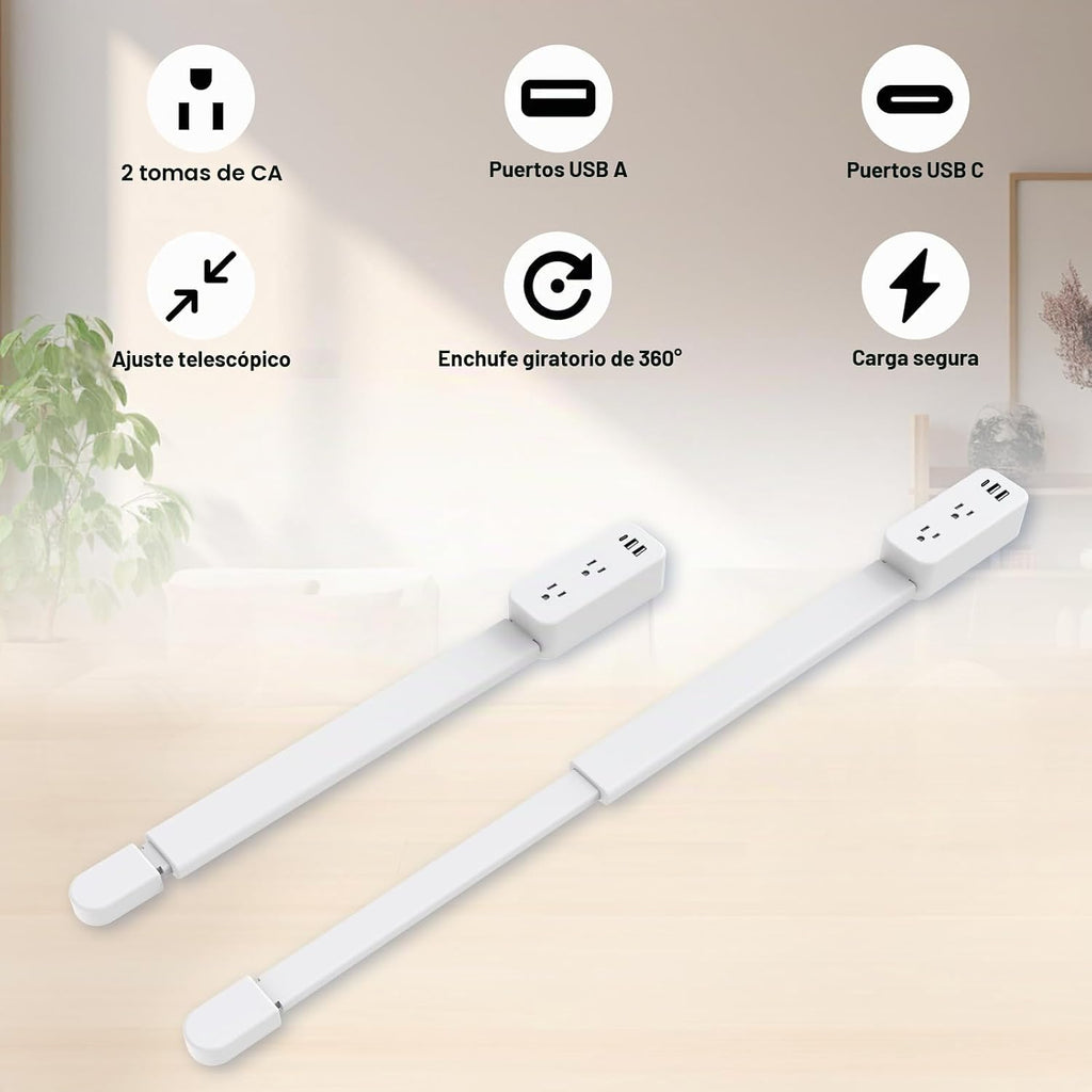 Extensor de Enchufe Eléctrico con Varilla - Cuenta con USB-A, USB-C y 2 Tomas de CA, se Extiende 22"-34", Gira 180° para Acceder a Enchufes de Difícil Acceso, Expansor de Enchufe de Pared para Mesitas