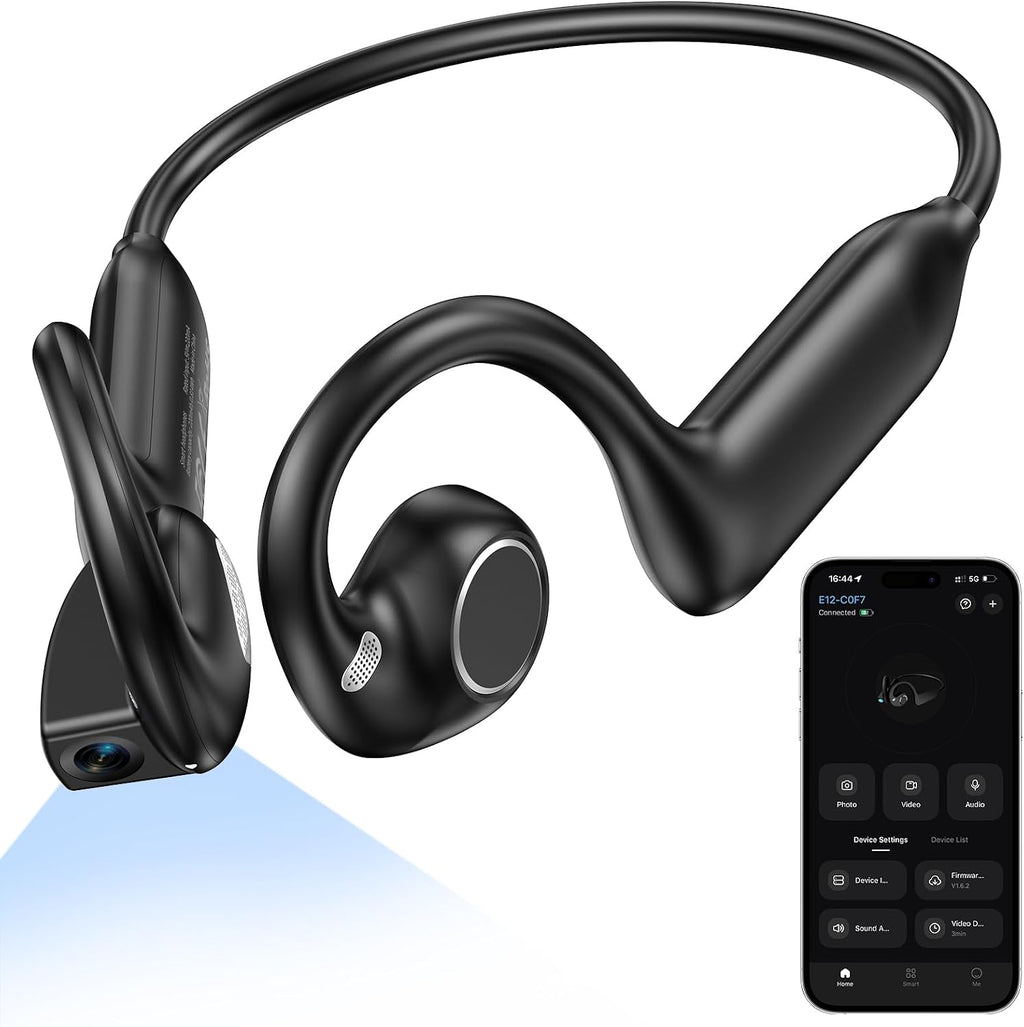 BEARTAIN Auriculares E12 de conducción ósea con cámara, auriculares de cámara POV manos libres, funciones AI, IP54 impermeable, auriculares deportivos inalámbricos Bluetooth de oreja abierta para