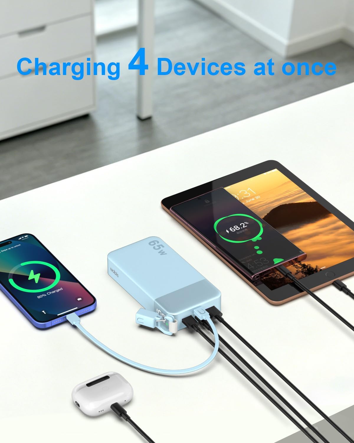 NOBIS Cargador portátil de 20000 mAh, 65 W, batería con cable USBC adjunto, Azul