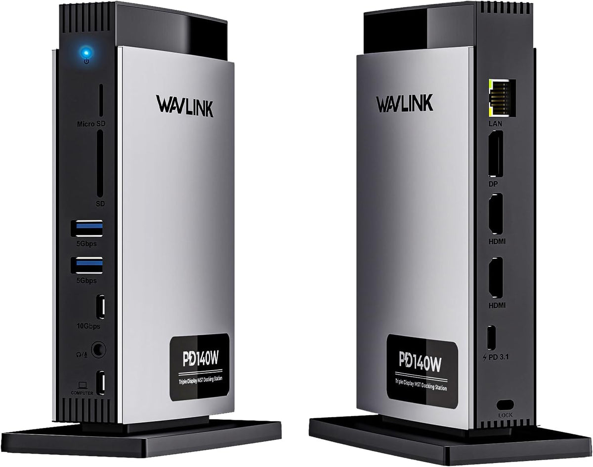 WAVLINK Estación de acoplamiento para laptop 3 monitores, estación de acoplamiento USB C 11 en 1 con paso PD3.1 de 125 W y adaptador de corriente, 2 HDMI + DP, resolución máxima: solo 8K o triple 4K