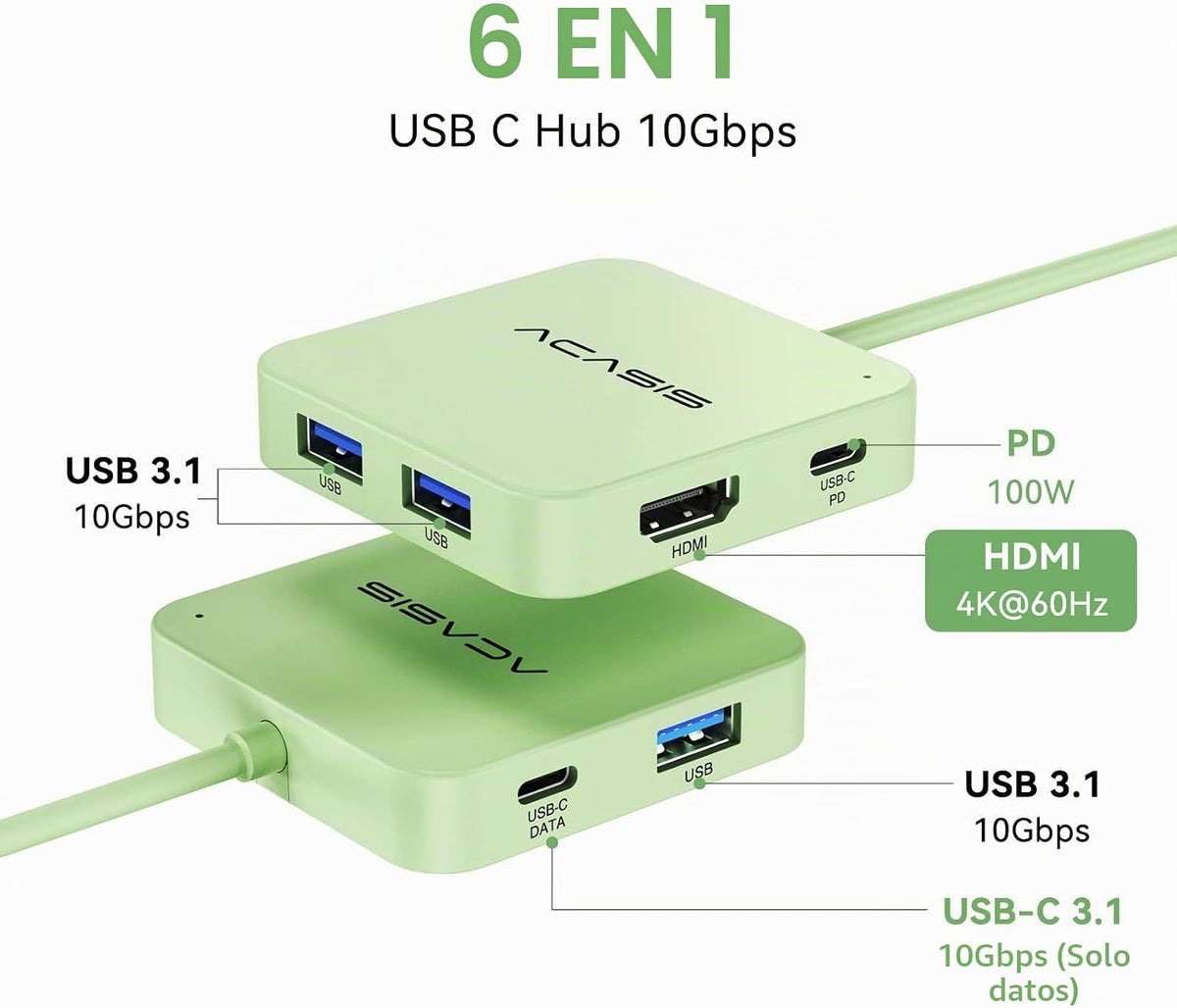 ACASIS USB C Hub 10Gbps, USB C a 4K 60Hz Adaptador HDMI para Laptop/MacBook