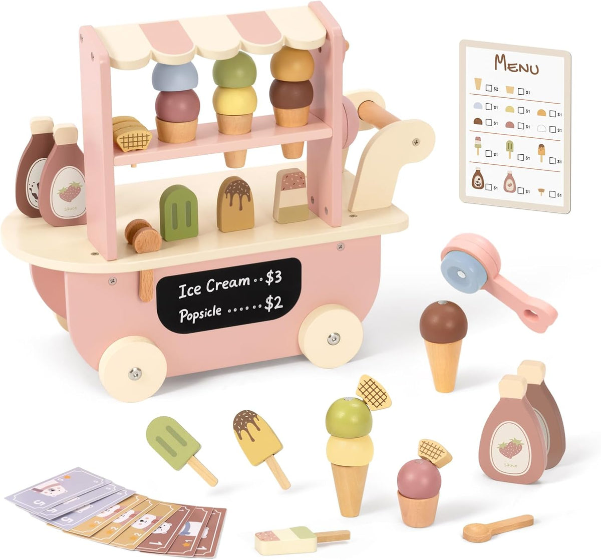 OOOK Carrito de helado de madera para niños con cuchara y ruedas