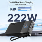 JUOVI Cargador portátil de 222 W, cargador portátil de 25000 mAh con cable USB-C, 222W, Negro