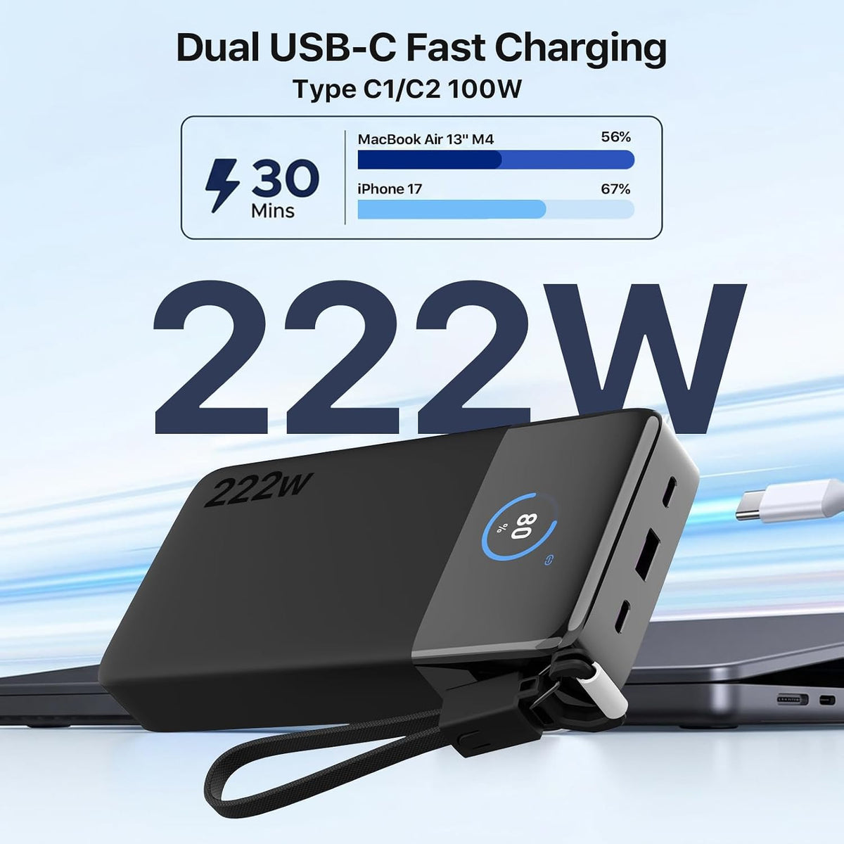 JUOVI Cargador portátil de 222 W, cargador portátil de 25000 mAh con cable USB-C, 222W, Negro