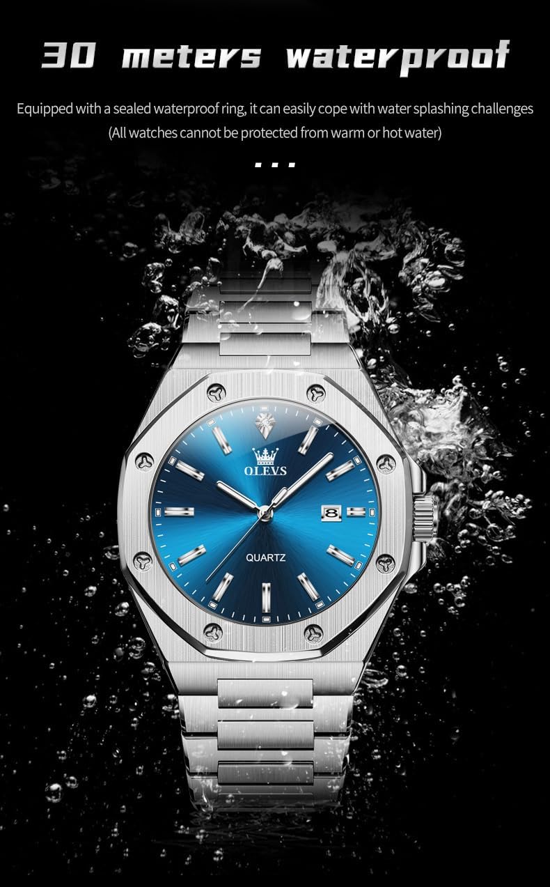 OLEVS Reloj para hombre Big Face Acero inoxidable Impermeable Luminoso Diamante