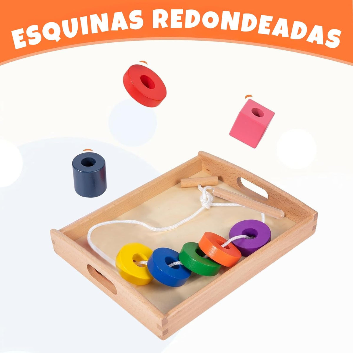 Adena Montessori - Juego de cuentas de madera con bandeja, 1-3 años