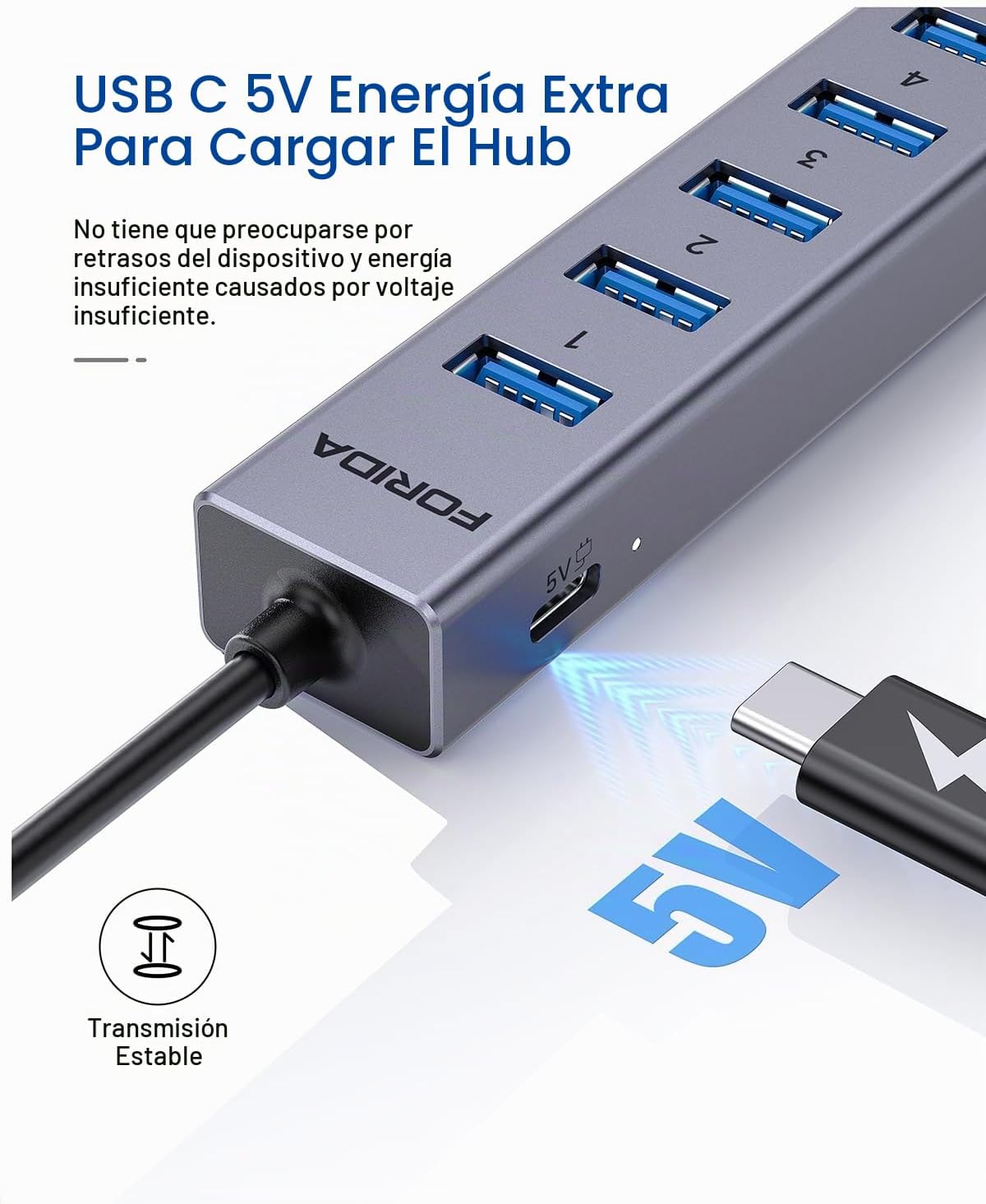 FORIDA, hub USB 8 de 7 puertos, con puerto de carga inteligente, adaptador 5V/3A
