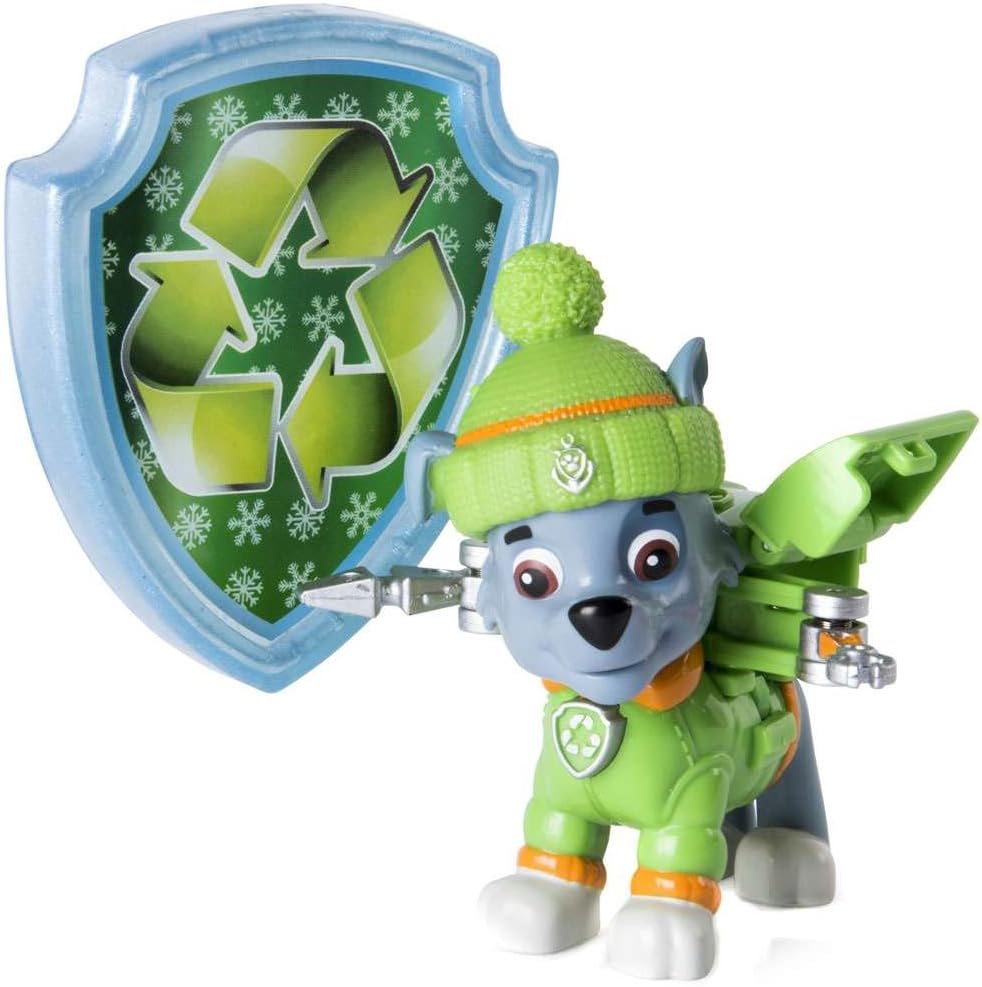 Paw Patrol Snow Rescue - Rocky con paquete de cachorros transformables e insignia